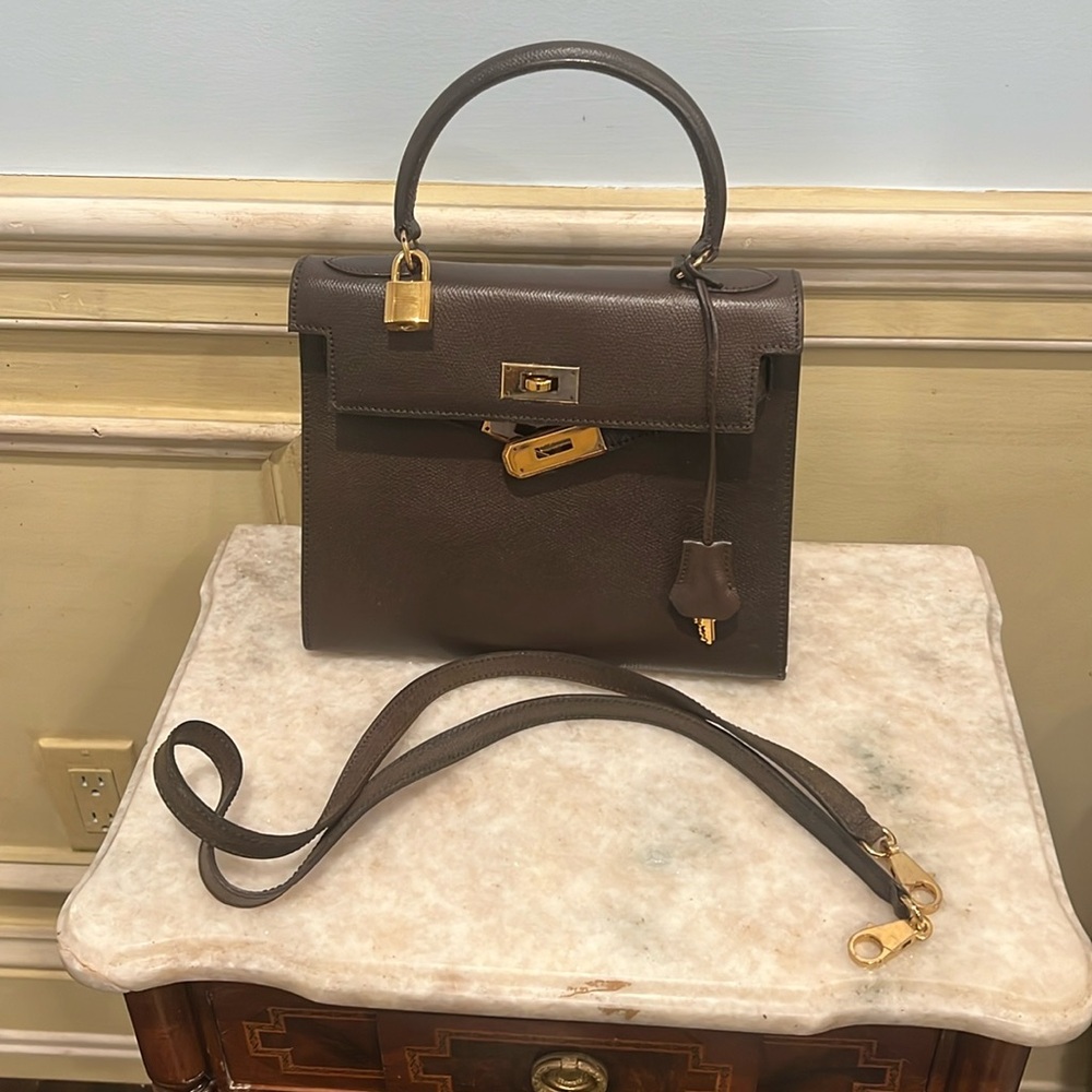 REINA Brown Top Handle Bag with Attachable Crossbody Strap Gold Hardware